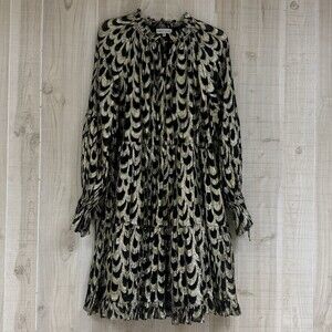 Gibson & Latimer L Woven Metallic Ogee Print Long Peasant Sleeves A-Line Dress